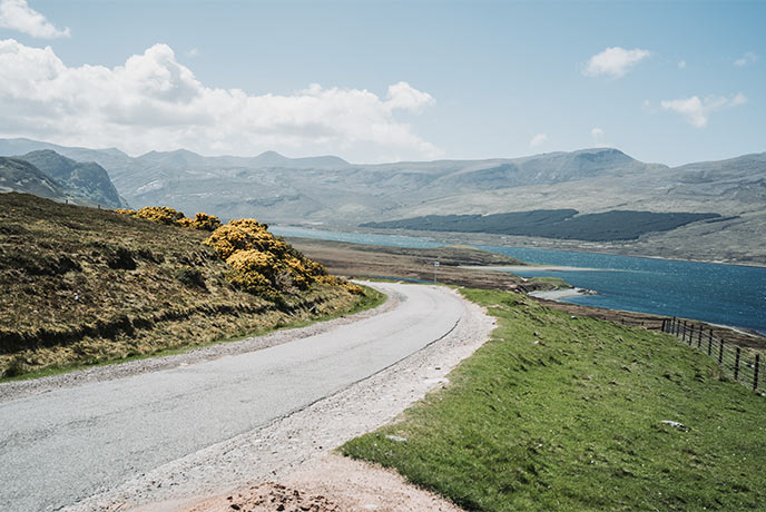 One of the NC500 roads running alongside Loch Eriboll in the Scottish Highlands