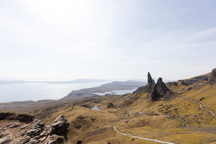 The famous stone stacks at the Old Man of Storr in Scotland