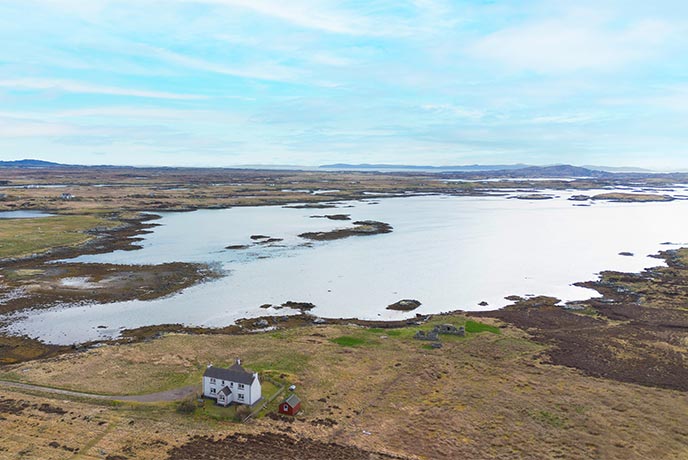 A bird's eye view of Stella Maris in the Outer Hebrides with far-reaching sea views