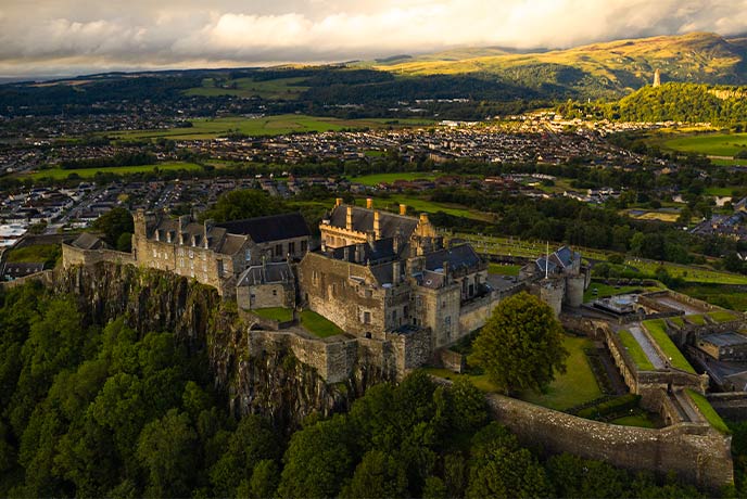 A bird's eye view of the massive Stirling Castle in Scotland