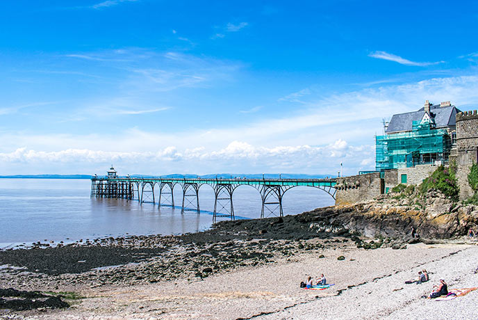 Looking out over the beach and up at the Victorian pier at Clevedon