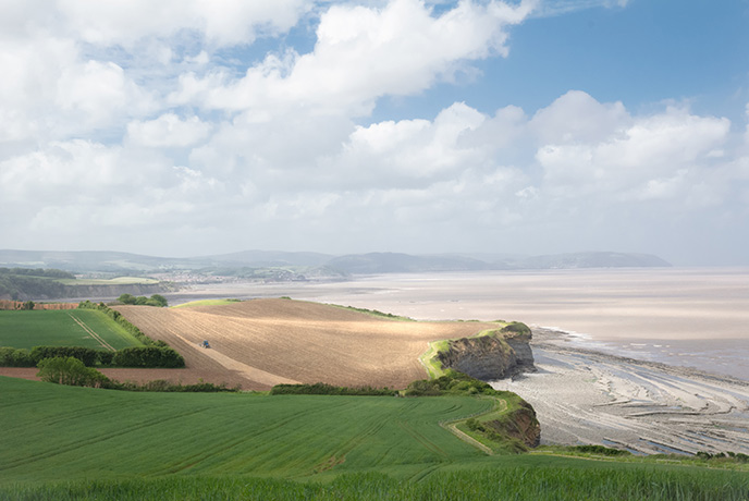 Bird's eye view over the sands, cliffs and countryside of Kilve