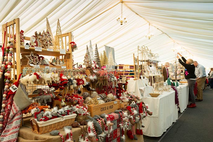 A marquee full of festive stalls at the Hestercombe Annual Christmas Market