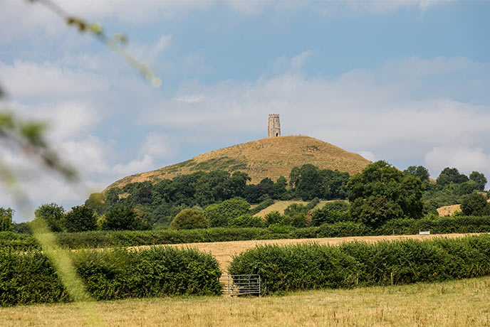 The ruins of a church sat on top of Glastonbury Tor in Somerset