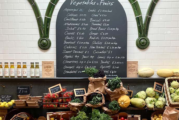 A selection of vegetables on display at The Newt Farm Shop in Somerset
