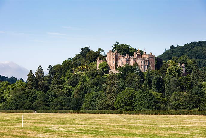 Dunster Castle rising out of a woodland with countryside in the foreground
