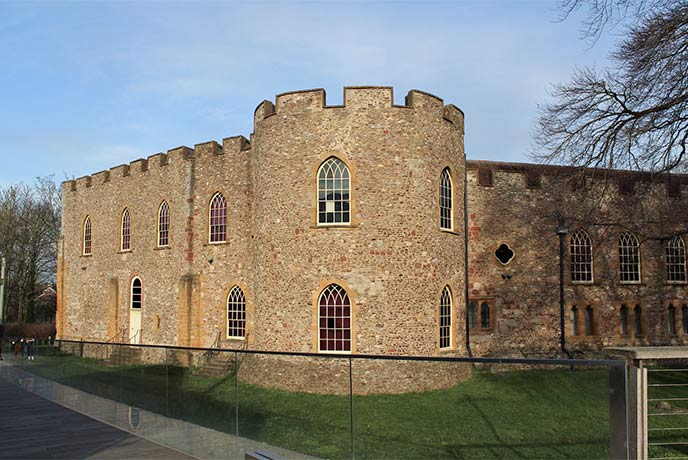 The large, square exterior of Taunton Castle in Somerset