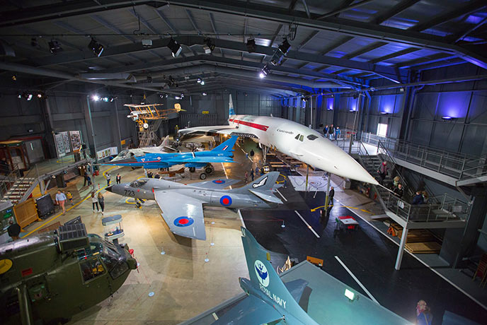 Looking down across the hangar at the Fleet Air Arm Museum, which is full of different aircrafts
