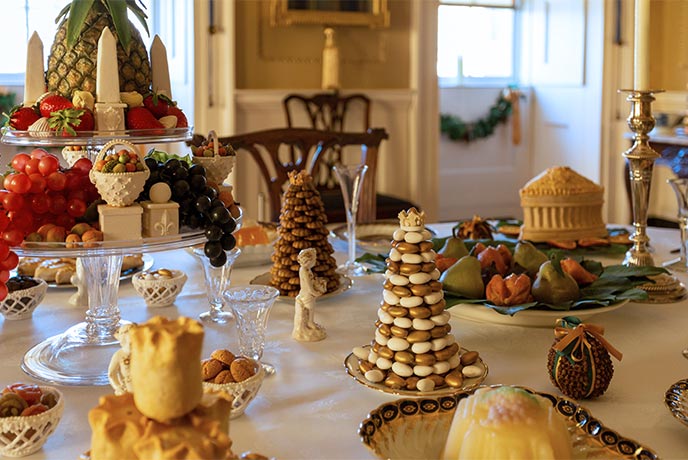 A table strewn with Georgian Christmas food at No.1 Royal Crescent in Bath at Christmas