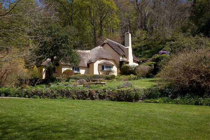 A beautiful thatched cottage nestled amongst the trees at Selworthy in Somerset