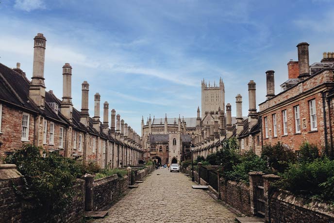 The historic street Vicars Close in Wells lined with red-bricked houses