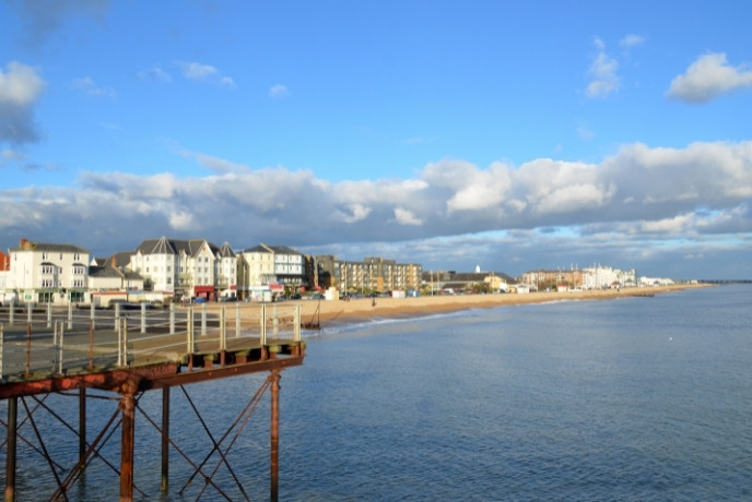 Looking out across the pier at the seaside town of Bognor Regis
