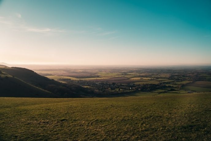 Views over the stretching fields and countryside of Devil's Dyke in West Sussex