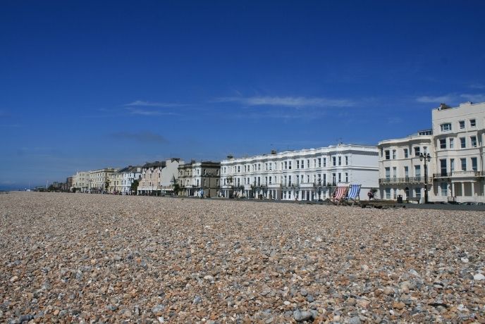 Looking up the pebble and shingle beach at Worthing