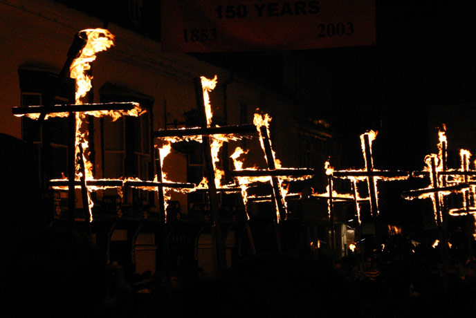 A collection of burning crosses at Lewes Bonfire Night