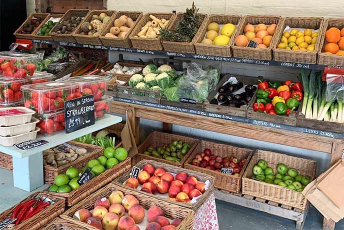 A selection of fresh fruit and veg on display at Westons Farm Shop in Sussex