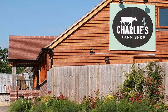 The wooden exterior of Charlie's Farm Shop in Sussex