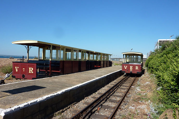 Two trains ready to go with Volk's Electric Railway