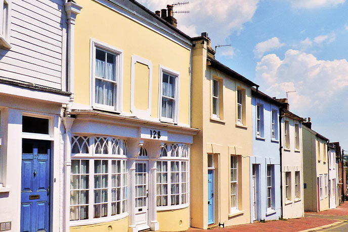 A row of colourful houses in Lewes in East Sussex