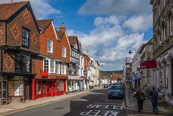 Lots of old buildings lining Lewes highstreet in Sussex