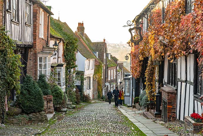 One of the cobbled streets lined with historic houses in Rye