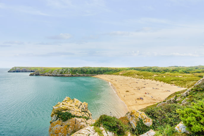 Looking across the golden sands of Barafundle Bay in Pembrokeshire