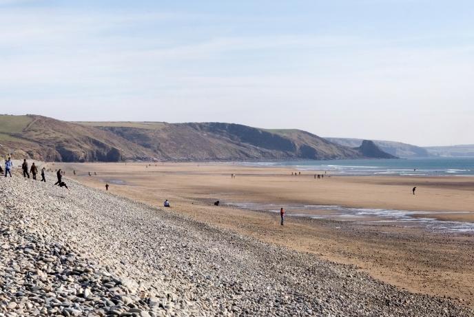 The sloping pebble and sand beach at Newgale in Pembrokeshire
