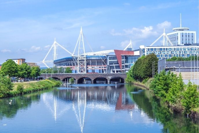 Looking up the River Taff at the Principality Stadium in Cardiff