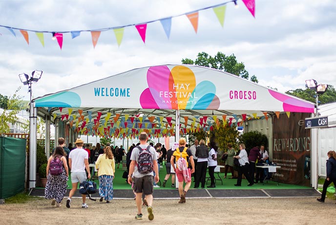 The colourful welcome tent at the Hay Festival in Wales