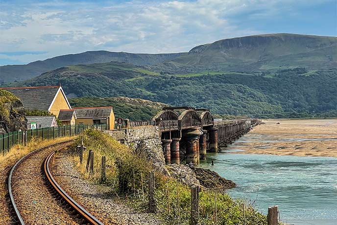 The historic bridge over the water at Barmouth in Wales