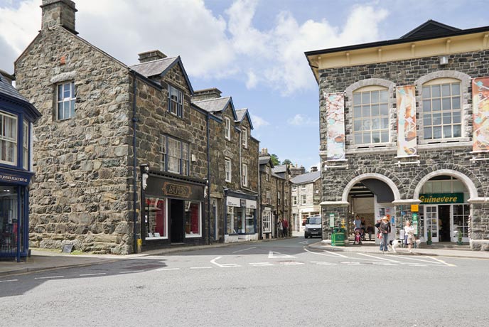 The pretty stone buildings in the centre of Dolgellau in North Wales