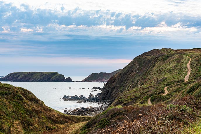 The coast path at Marloes Sands in Pembrokeshire with the sea in the background
