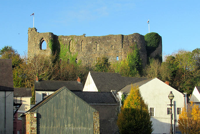 Haverfordwest Castle looming over the town of Haverfordwest in Pembrokeshire