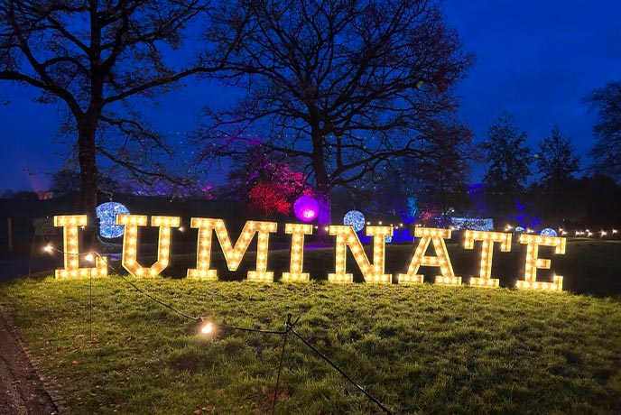 Big, lit up letters spelling 'Luminate' at National Botanic Garden of Wales