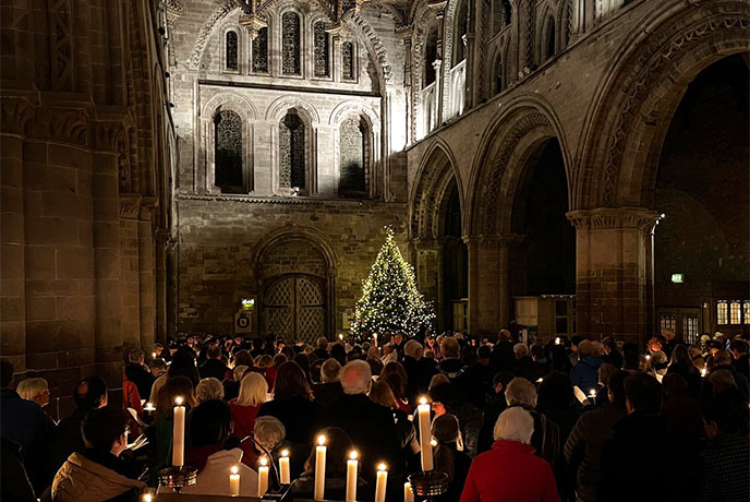 St Davids Cathedral decorated for Christmas and full of singers for the Christmas Spectacular