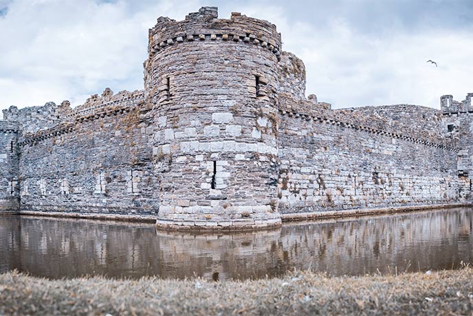 The impressively symmetrical outer walls of Beaumasris Castle in Gwynedd