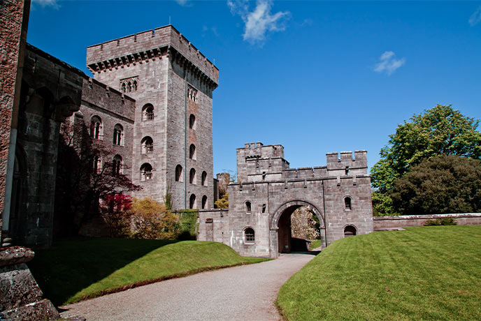 The gates and outer walls of Penrhyn Castle in Gwynedd