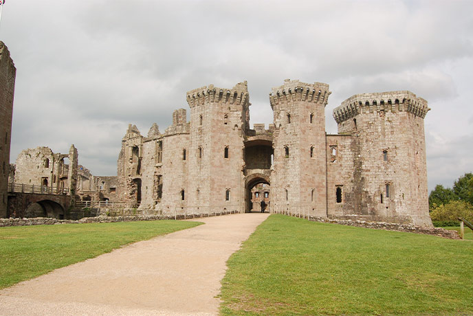 The beautiful main structure at Raglan Castle in Wales