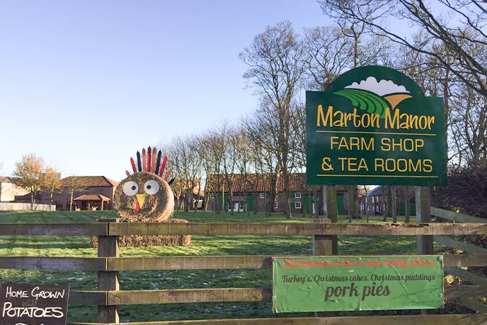 A haybale decorated as a chicken sits next to a sign for Marton Manor Farm Shop & Tearoom in Yorkshire