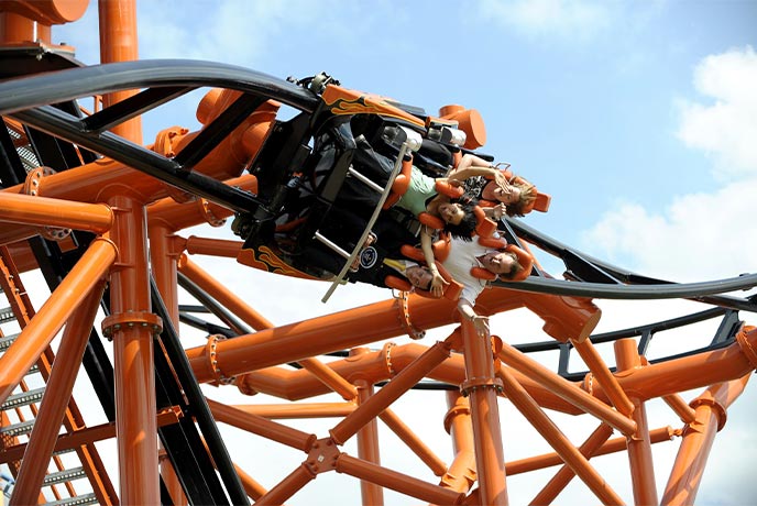 People going around one of the rollercoasters at Flamingo Land in Malton