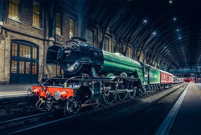 The iconic Flying Scotsman steam train at the National Railway Museum in Yorkshire