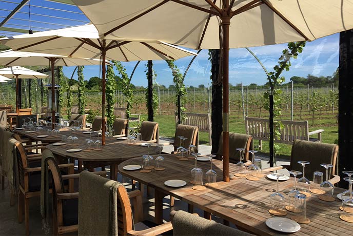 The beautiful terrace and outdoor tables looking out over the vineyard at Dunesforde Vineyard in Yorkshire