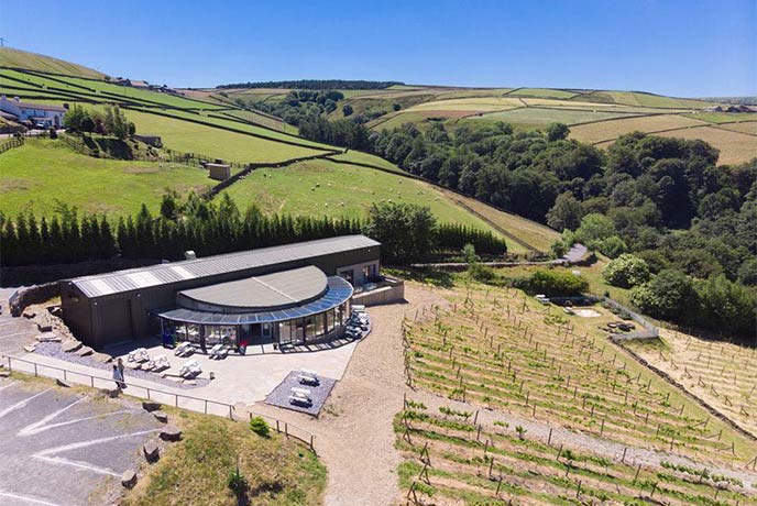 A bird's eye view of the vineyard and restaurant at Holmfirth Vineyard in Yorkshire