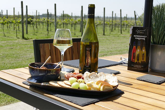A selection of foods and a bottle of wine looking over the vines at Laurel Vines Vineyard in Yorkshire