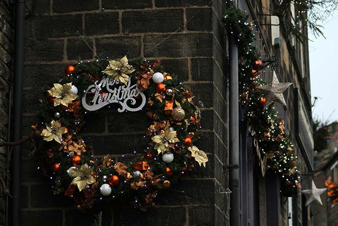 Christmas decorations on the walls in Haworth in Yorkshire