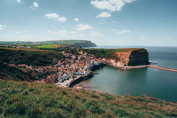 The beautiful village of Staithes nestled in the cliffs in Yorkshire