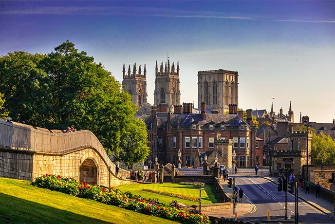 The historic buildings of York bathed in morning light.